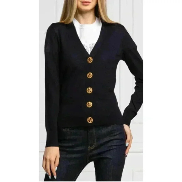Tory Burch Black Merino Wool Cardigan With Ruffle Collar - Picture 1 of 7